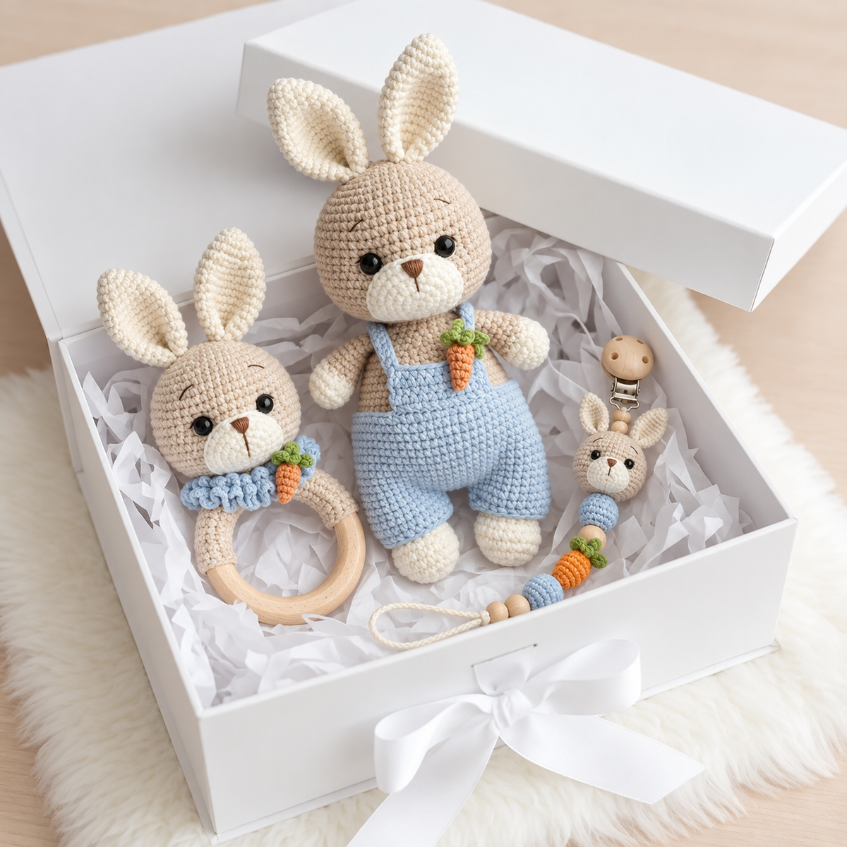 Handmade Crochet Bunny Toy in Blue Jumpsuit Joy Gift London