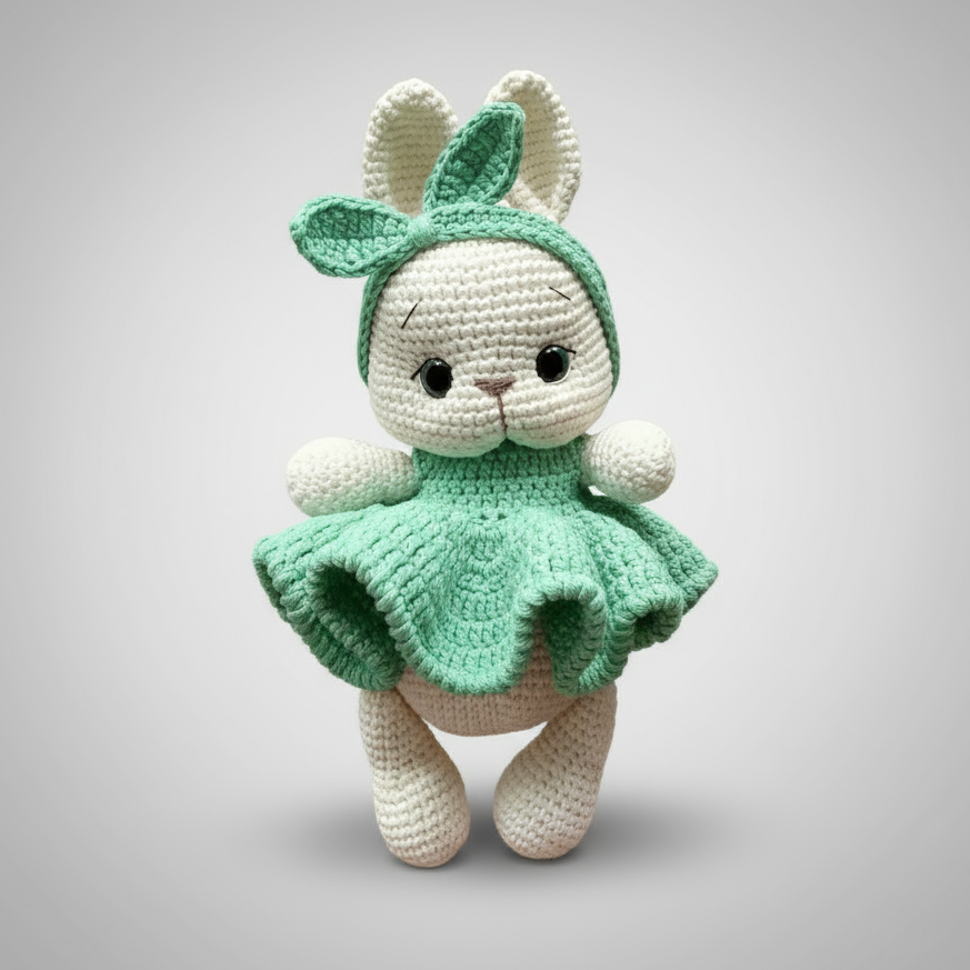Crocheted bunny in mint green dress with ruffled skirt and bunny ears
