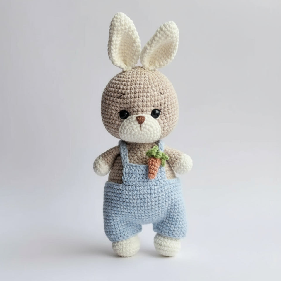 Crocheted bunny in blue overalls, holding a tiny carrot, against a soft gray background