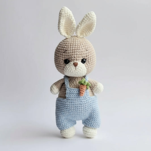 Crocheted bunny in blue overalls, holding a tiny carrot, against a soft gray background