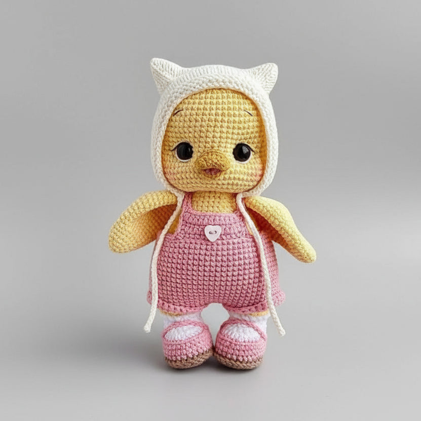 Crocheted yellow chick in pink overalls and white cat-ear hat on gray background