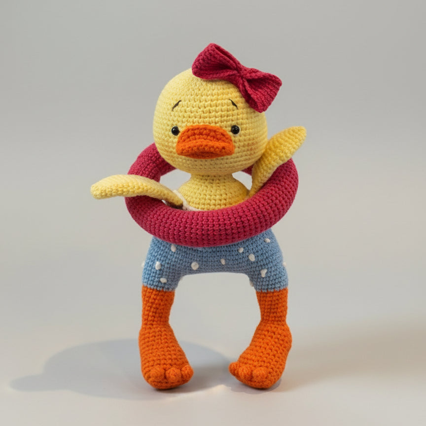 Crocheted yellow duck with red bow, wearing blue polka dot and orange outfit