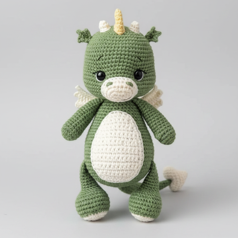 Handmade green dragon plush toy held by a person on a light surface.