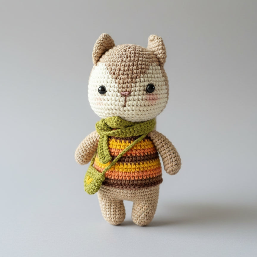 Crocheted stuffed animal bunny wearing striped sweater and green scarf