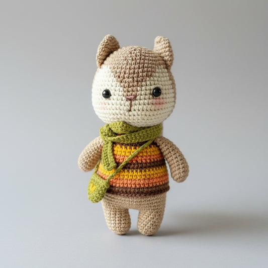 Crocheted stuffed animal bunny wearing striped sweater and green scarf