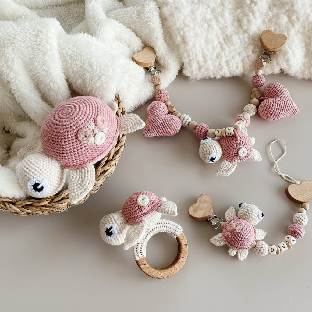 Pink and white crocheted baby toys: turtles, hearts, and wooden teething ring on soft blanket