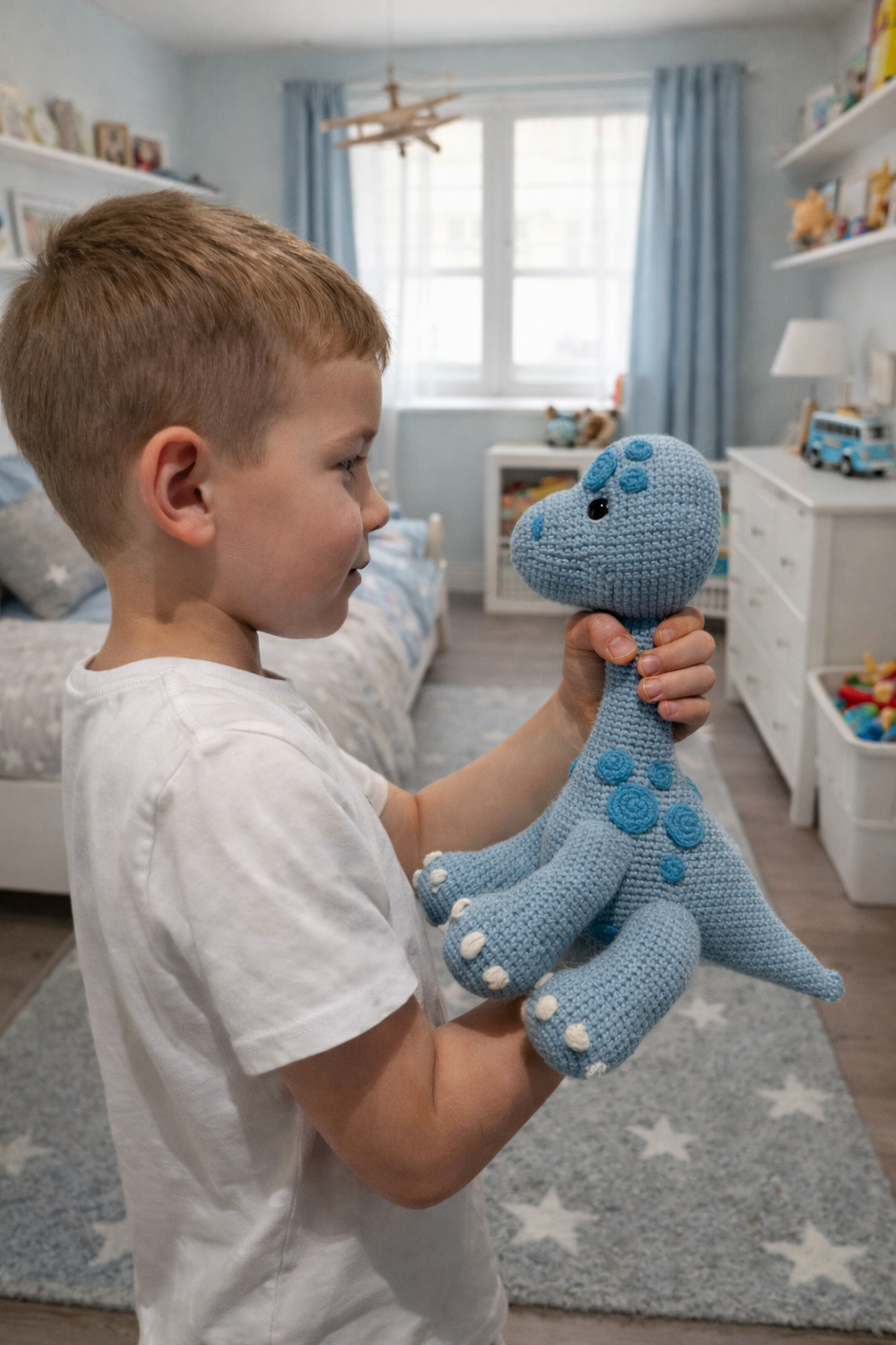 Child holding a blue stuffed dino toy in a bedroom