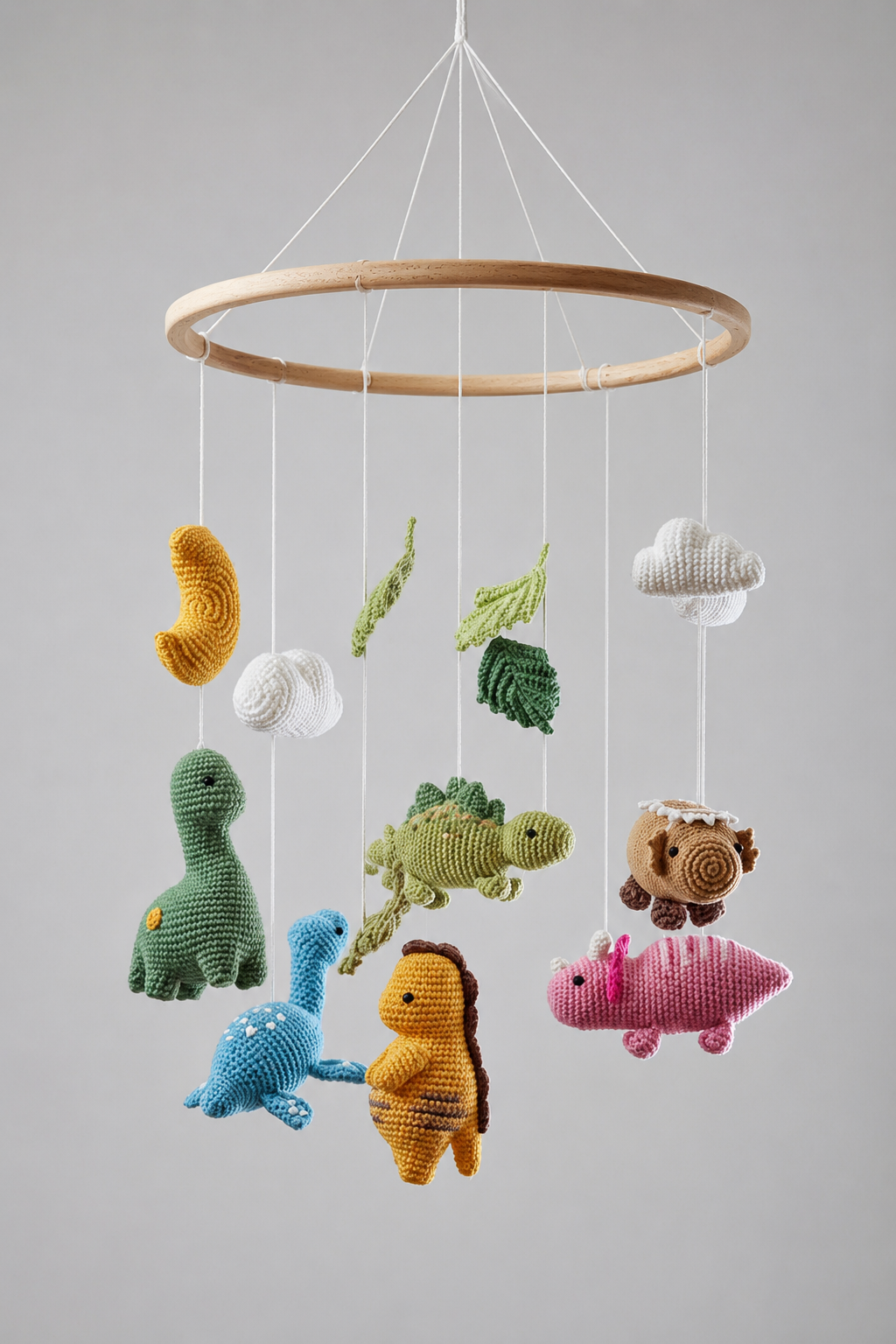 Handmade Crochet Dinosaur Cot Mobile – Dinosaur, Clouds & Moon Baby Nursery & Crib Mobile Joy Gift London