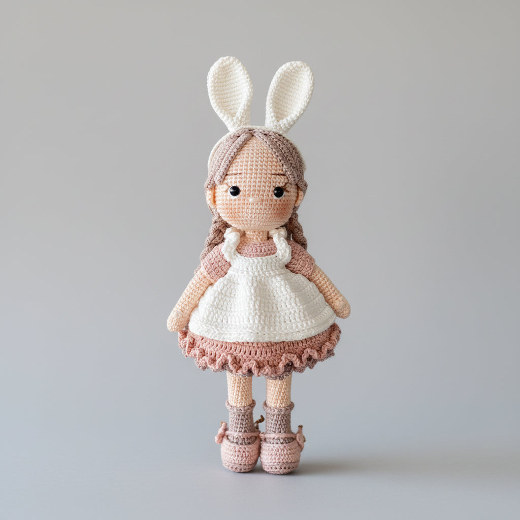 Crocheted bunny doll with white dress, pink skirt, and long ears, standing against gray background