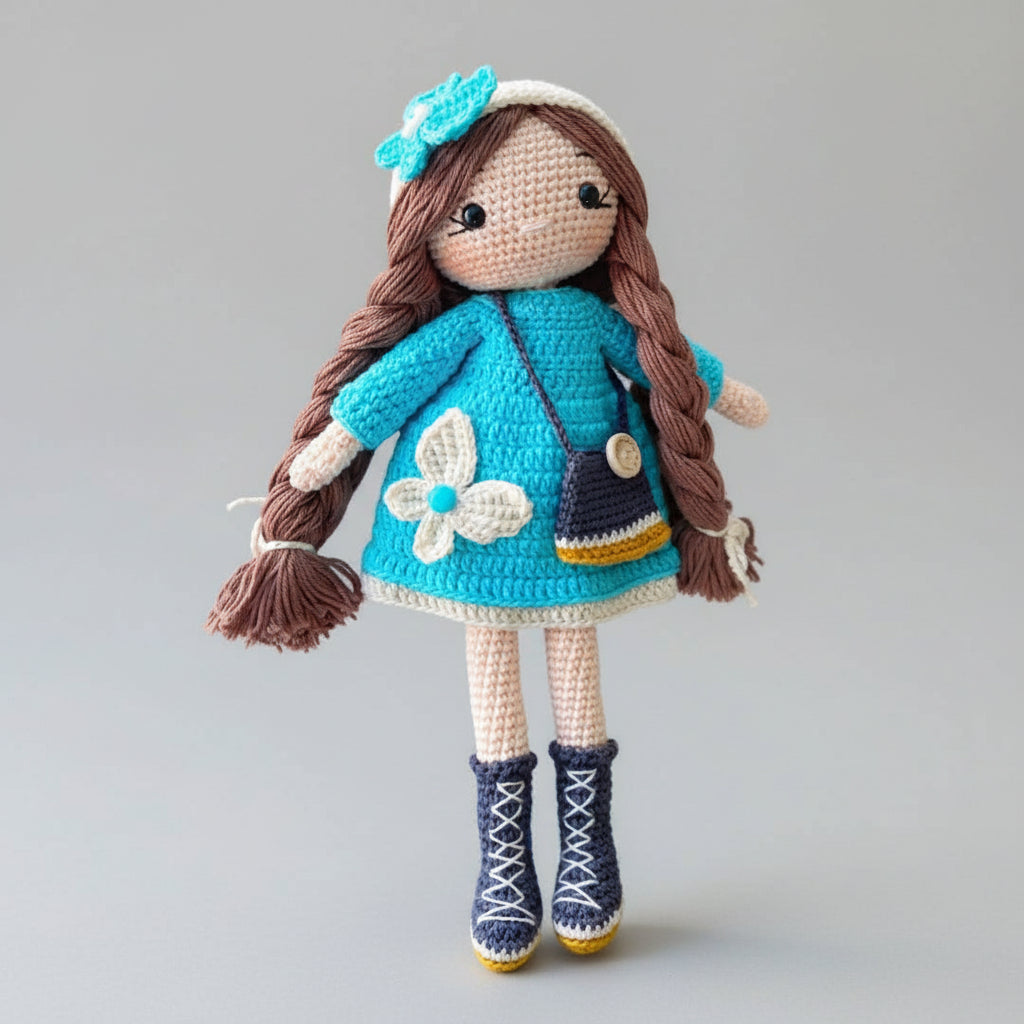 Crocheted doll in teal dress with flower, braids, and navy boots on gray background