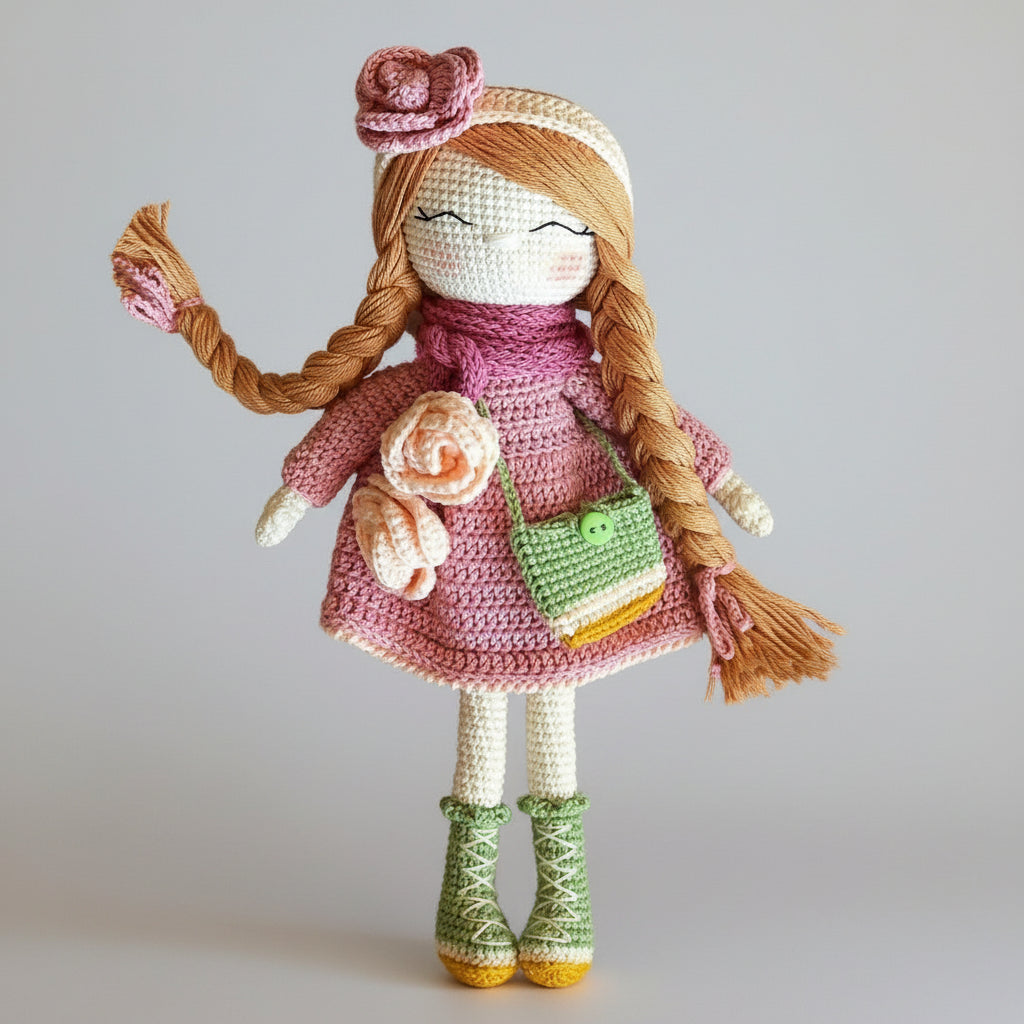 Crocheted doll in pink dress with braids, rose accessories, and green bag and boots