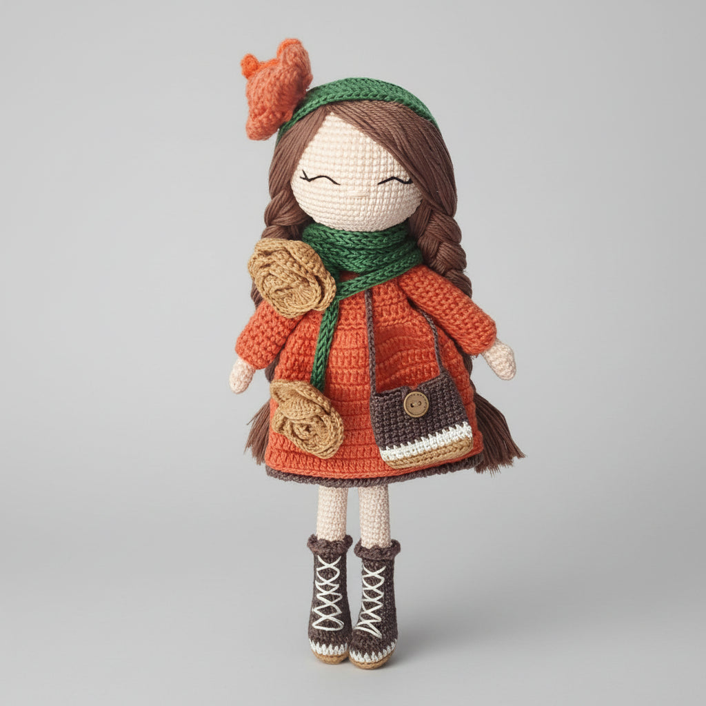 Crocheted doll in autumn colors with braided hair, green scarf, and lace-up boots