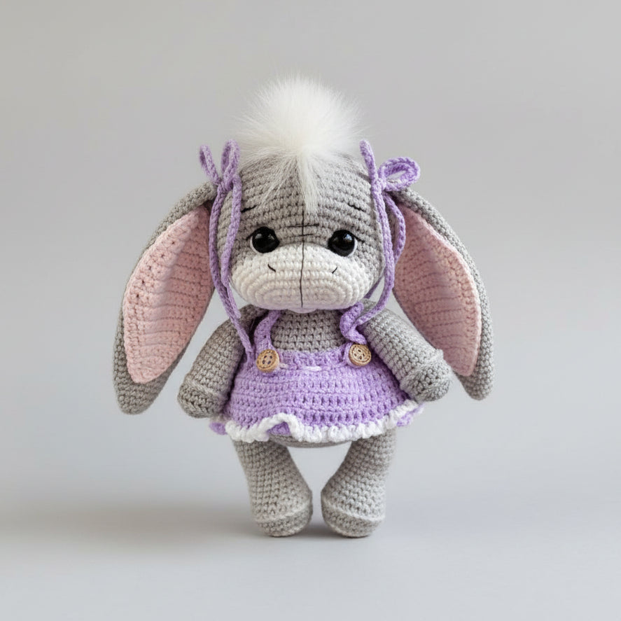Crocheted bunny with long ears, wearing a purple dress and hair ribbons