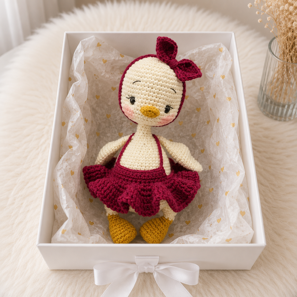 Handmade Crochet Duck Toy in Burgundy Dress Joy Gift London