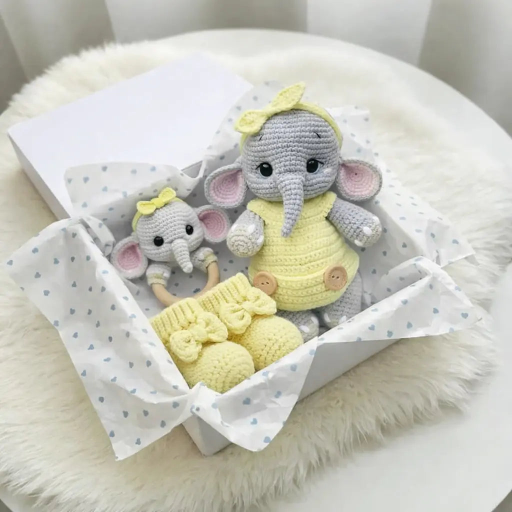 Handmade Crochet Elephant Toy Gift Set (3pc) - Pink Joy Gift London