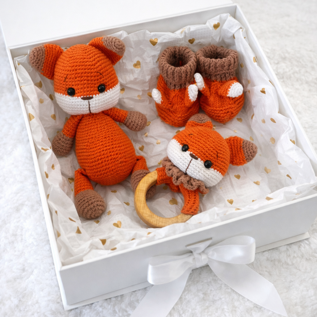 Handmade Crochet Fox Toy Gift Set (3pc) Joy Gift London