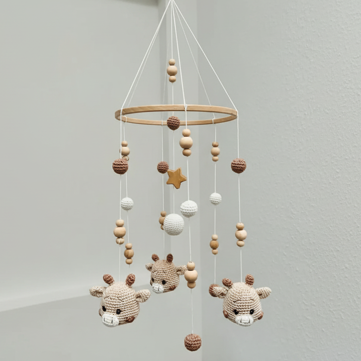 Crocheted baby mobile with deer, wooden beads, white spheres, and a golden star