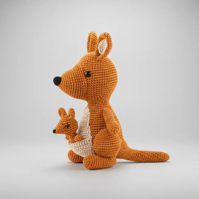 Crocheted orange kangaroo with baby joey, sitting on textured surface with blurred green background