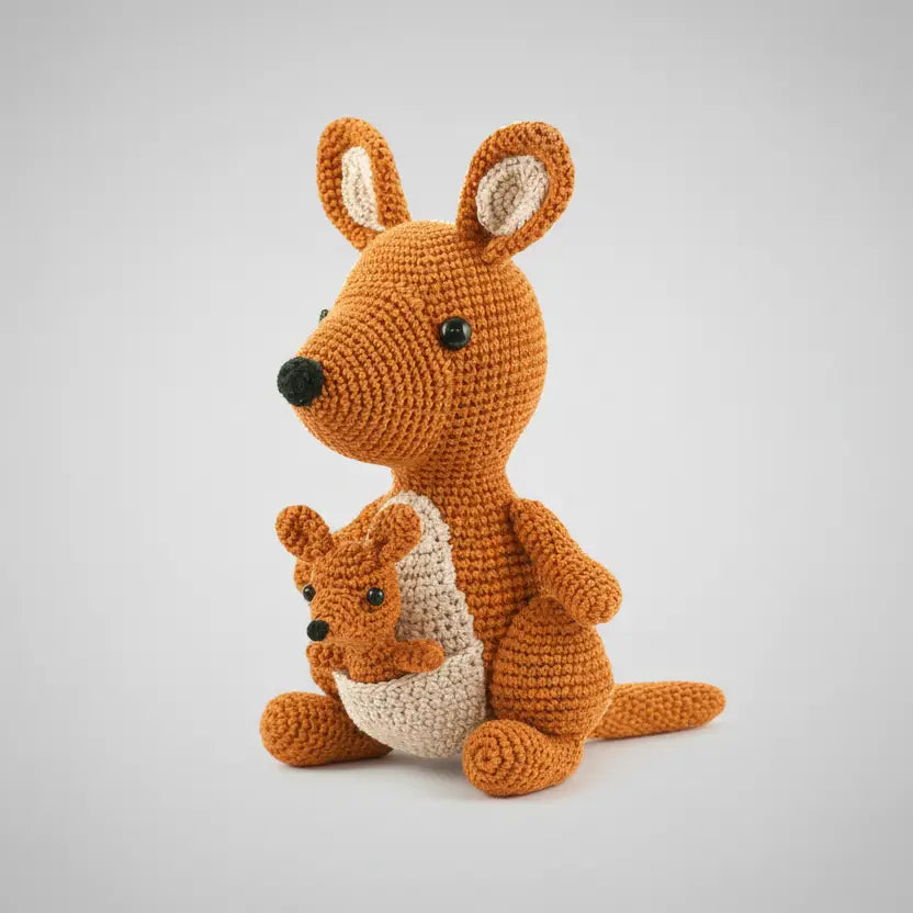 Crocheted orange kangaroo with baby joey sitting on wooden surface with blurred green background