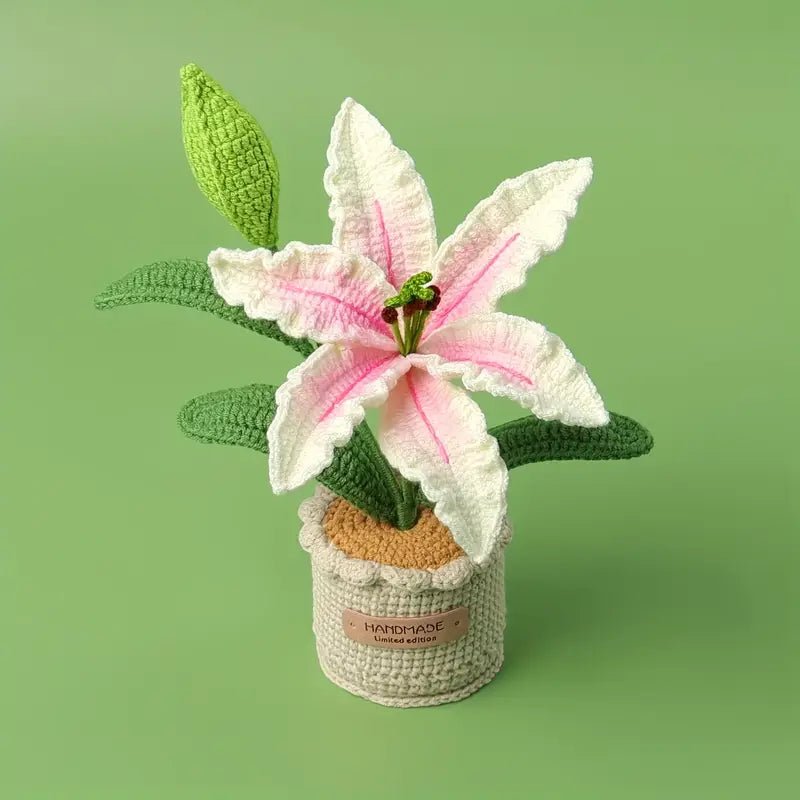Crocheted lily flower with pink and white petals in a handmade pot on green background