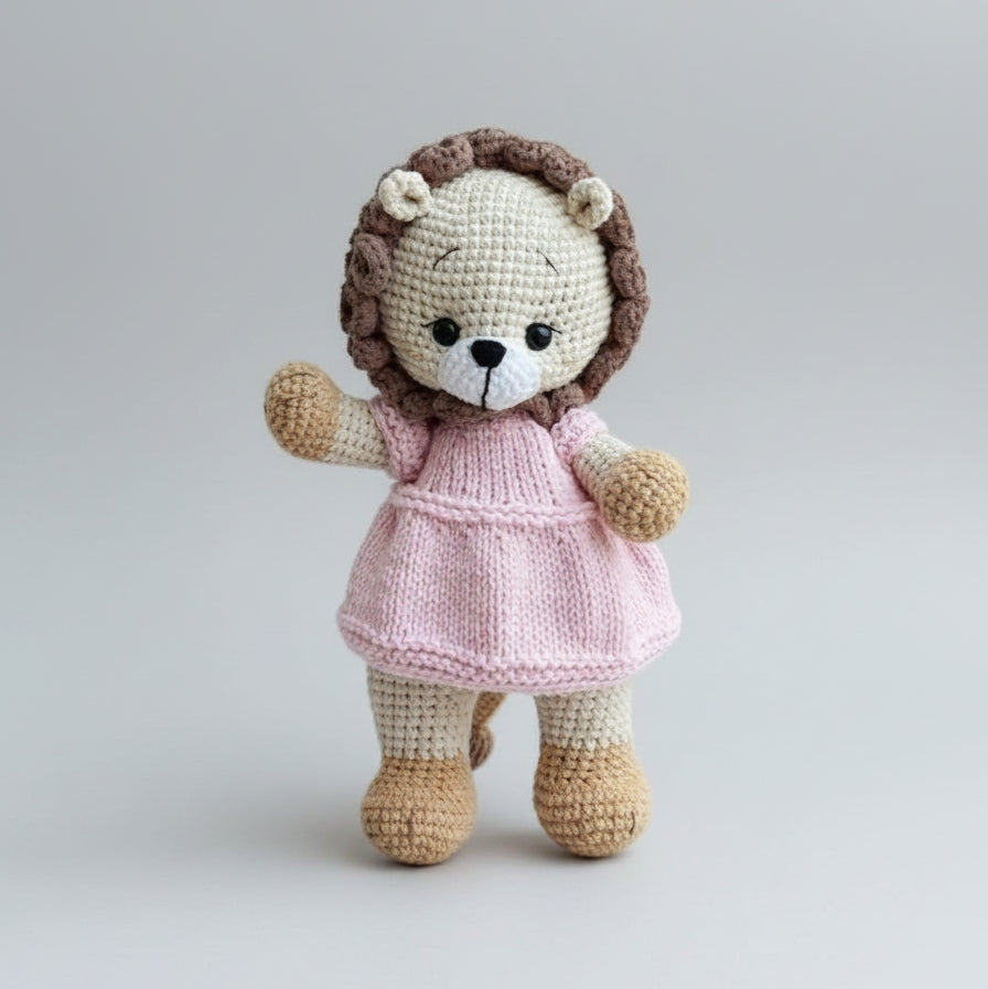 Crocheted lion stuffed animal wearing a pink knitted dress, standing against a gray background
