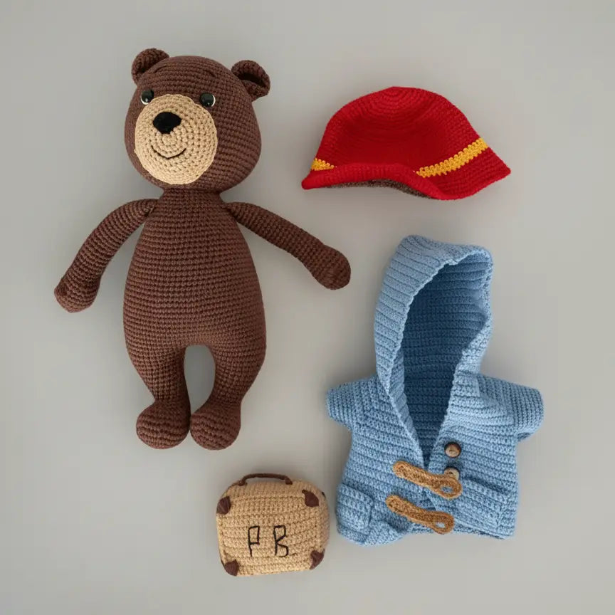 Crocheted brown teddy bear with red hat, blue hooded jacket, and tan suitcase with initials, laid out on a gray background.
