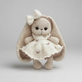 Crocheted bunny with white dress and bow, soft beige and white colors