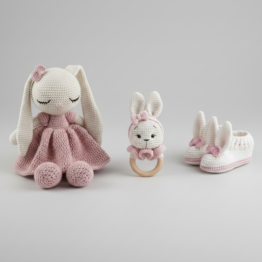 Set of crocheted baby toys including a doll, rattle, and booties on a light gray background