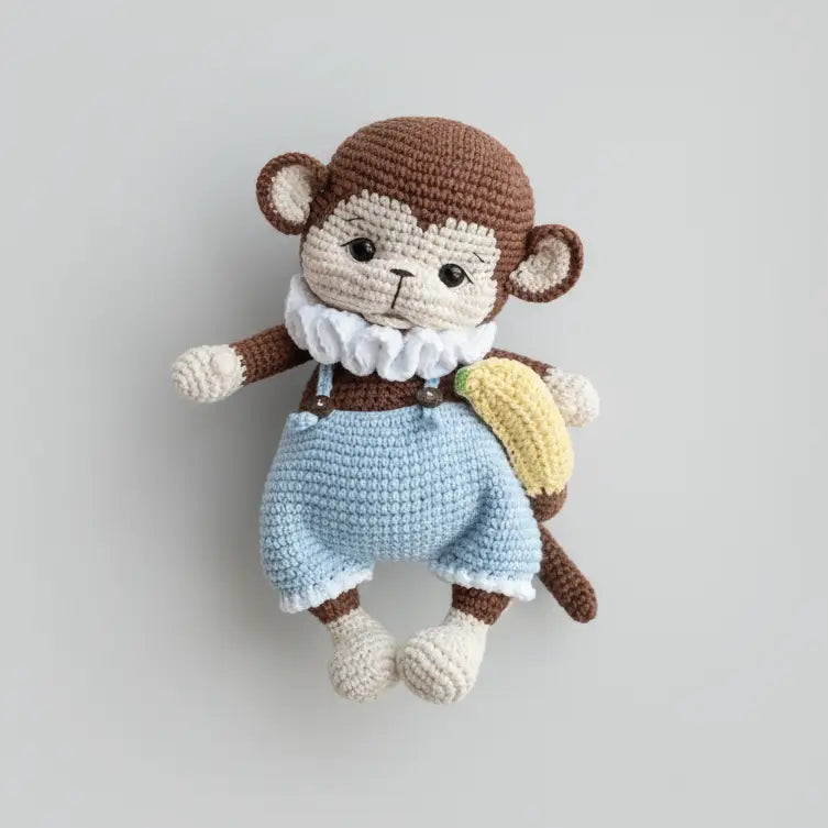 Crocheted monkey stuffed animal in blue overalls with white collar and banana