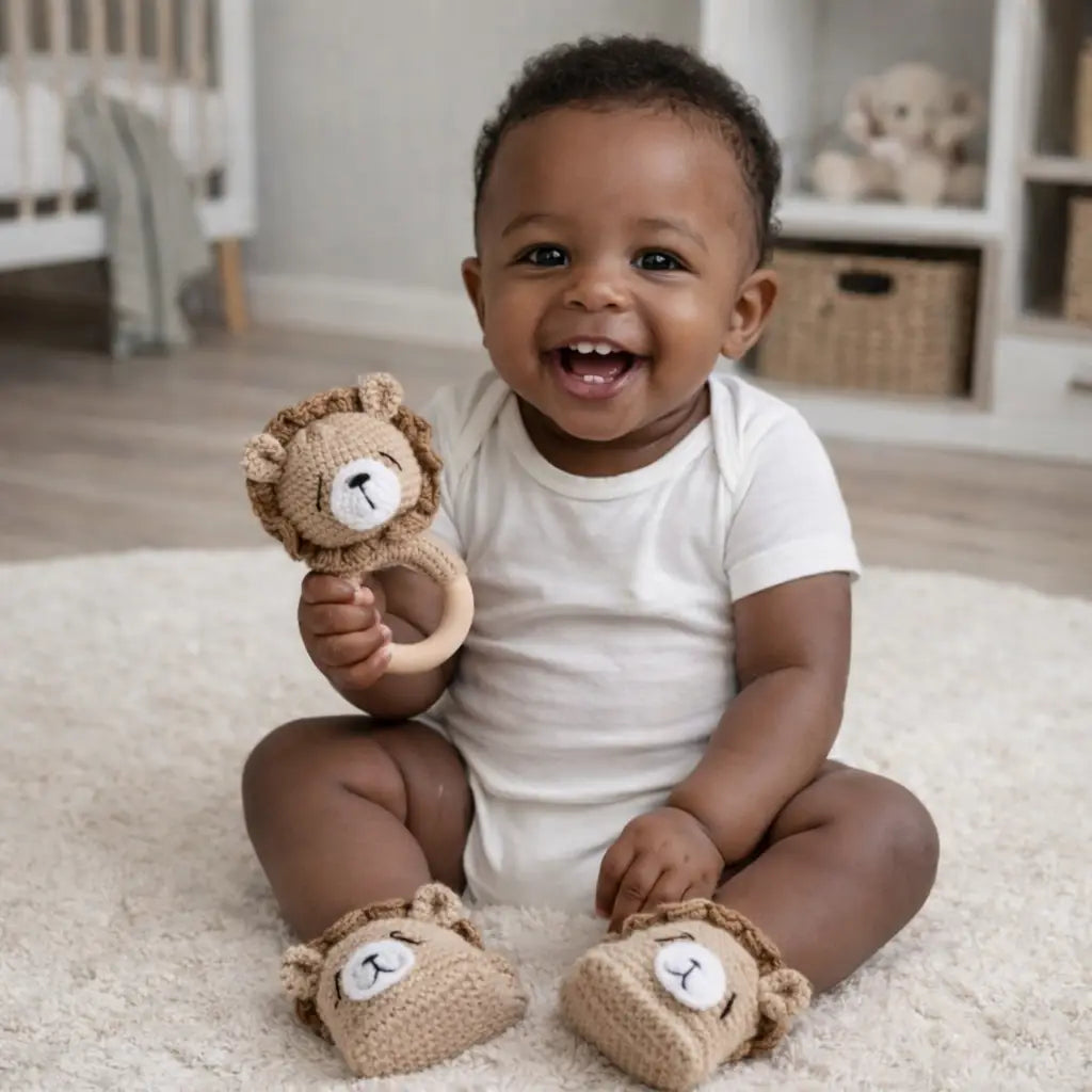 Crochet Newborn Bear Rattle & Booties Gift Set (2pc) by Joy Gift London