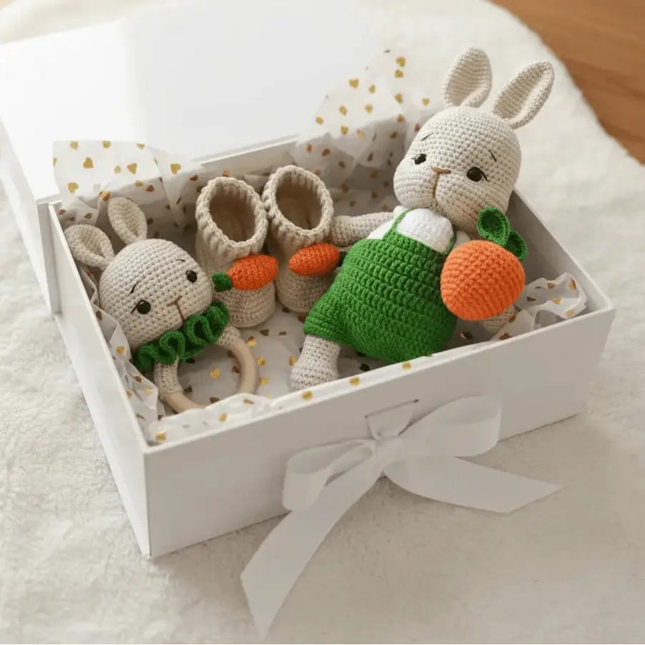 Crocheted bunny toys and baby booties in a gift box with orange carrots