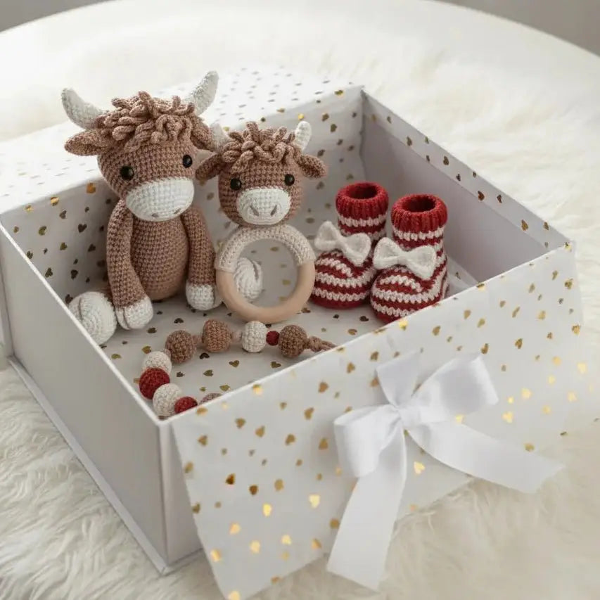 Handmade crochet Highland cow toys, teething ring, and baby booties in gift box