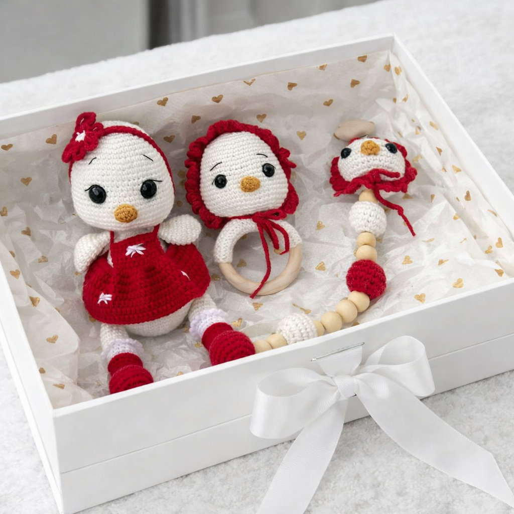 Handmade Crochet Newborn Gift Set (3pc) Cute Duck in Red Dress – Personalised Dummy Clip, Baby Shower Gift Joy Gift London