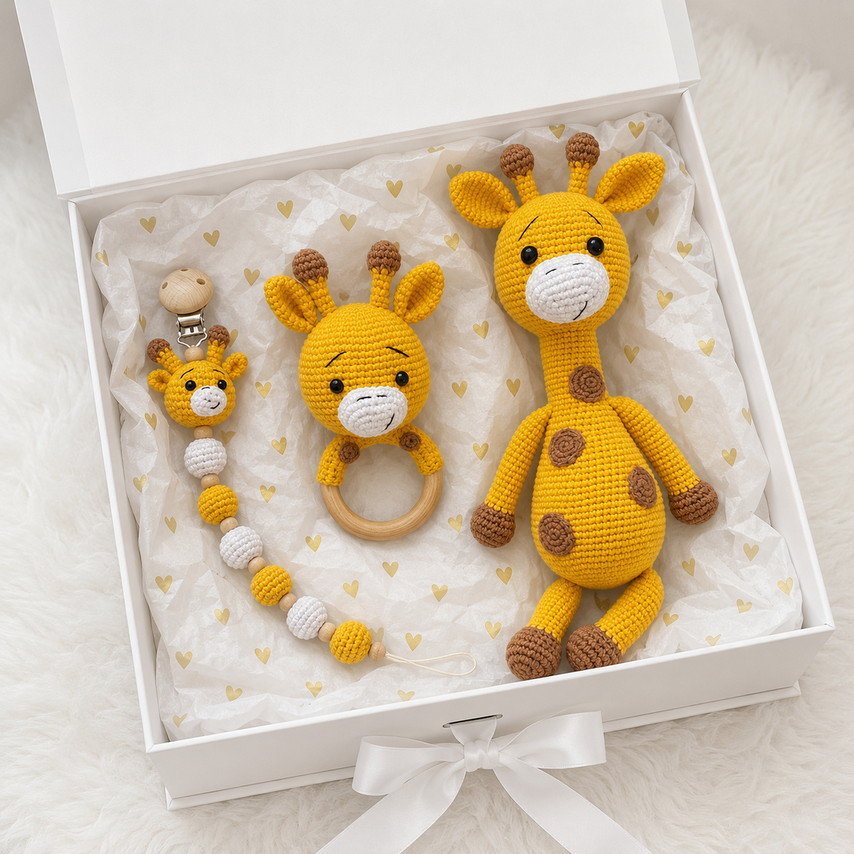 Handmade Crochet Newborn Giraffe Gift Set (3pc) – Personalised Dummy Clip, Baby Shower Gift Joy Gift London