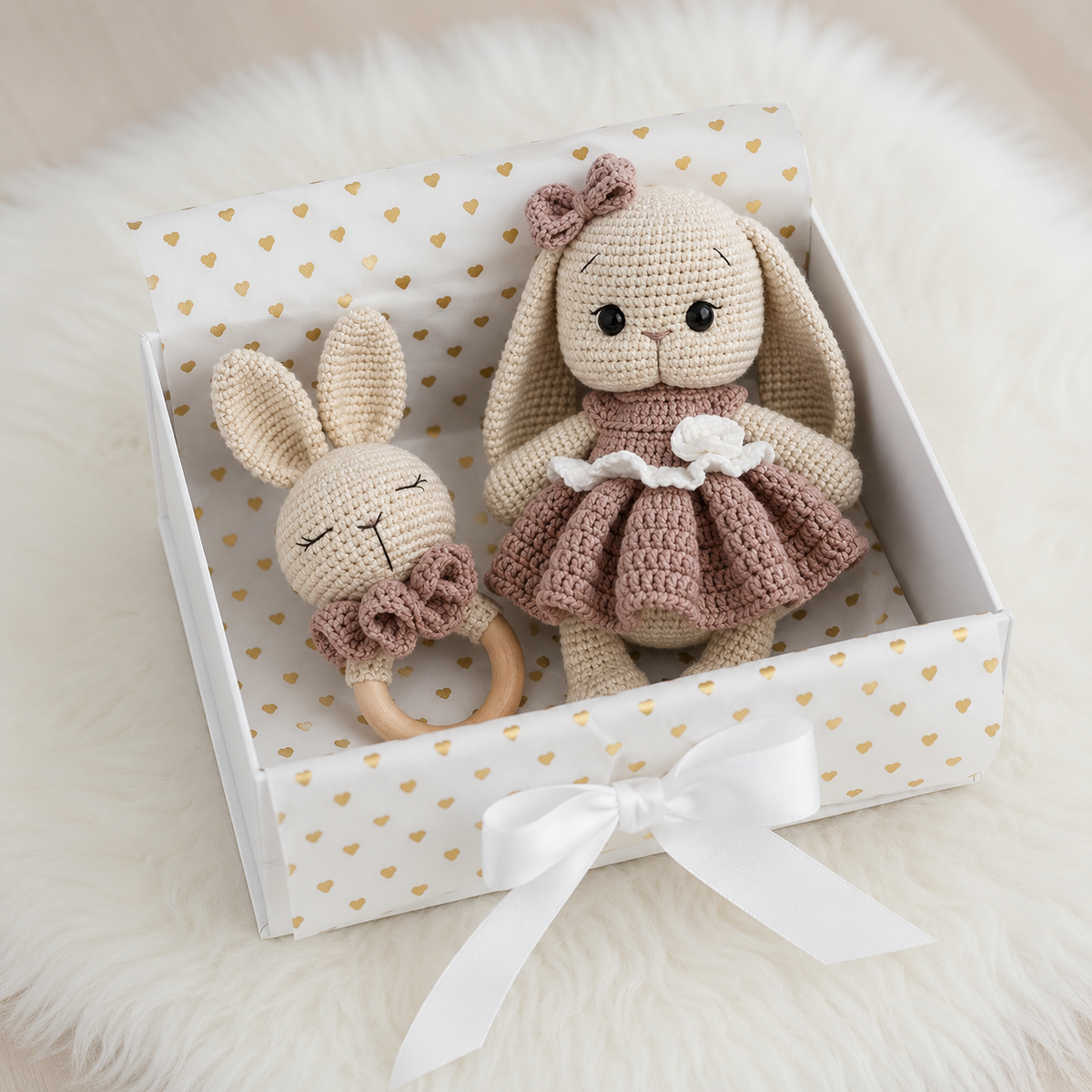 Handmade Crochet Newborn Long Ear Bunny & Rattle Gift Set (2pc) – Brown Dress, Baby Shower Gift Joy Gift London