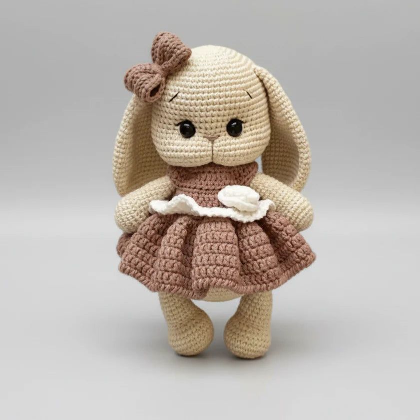 Handmade Crochet Newborn Long Ear Bunny & Rattle Gift Set (2pc) – Brown Dress, Baby Shower Gift Joy Gift London