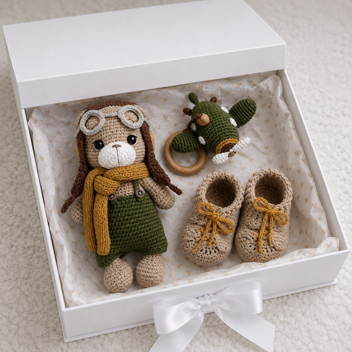 Handmade Crochet Newborn Pilot Teddy Gift Set (3pc) Plane Rattle - Baby Shower Gift Joy Gift London