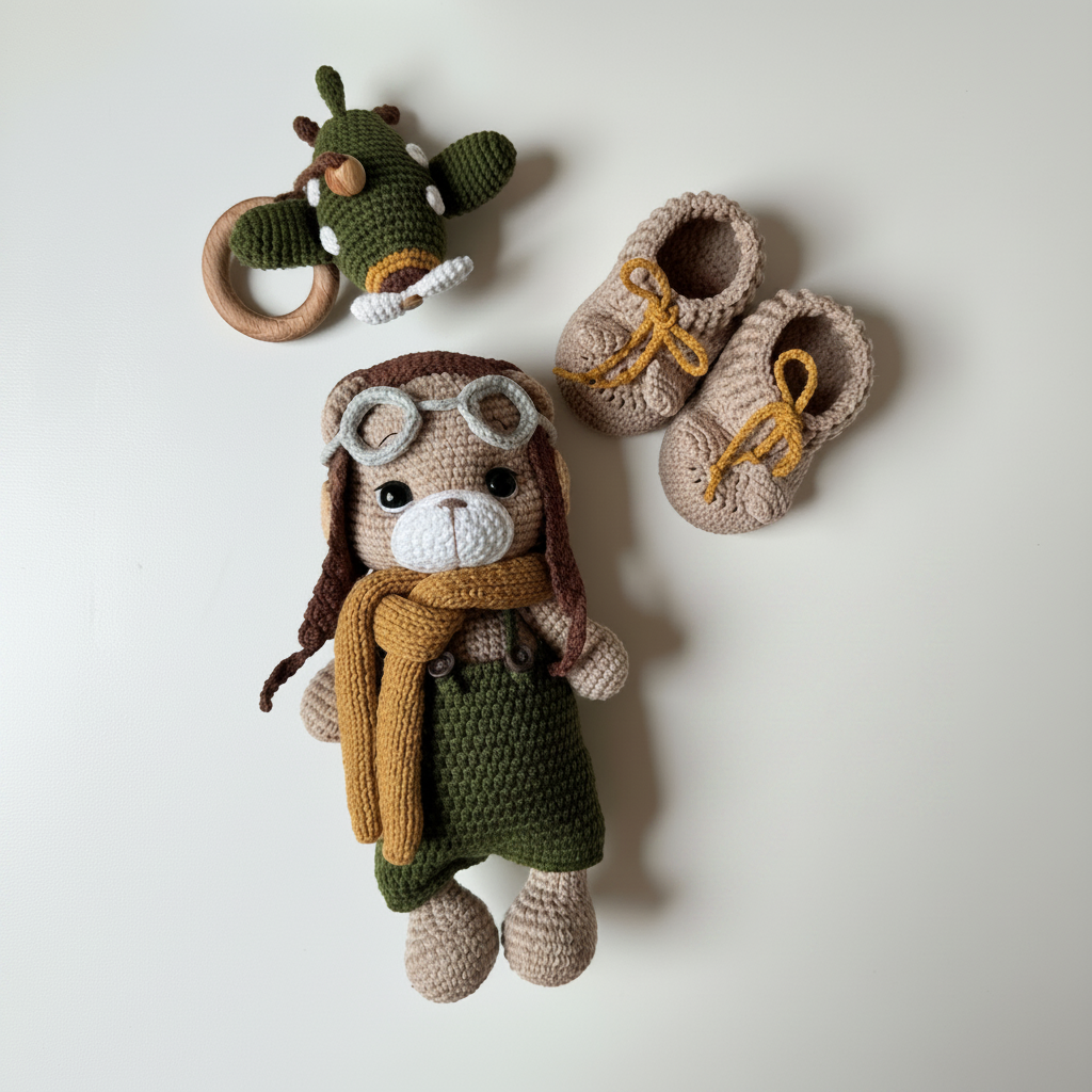 Handmade Crochet Newborn Pilot Teddy Gift Set (3pc) Plane Rattle - Baby Shower Gift Joy Gift London