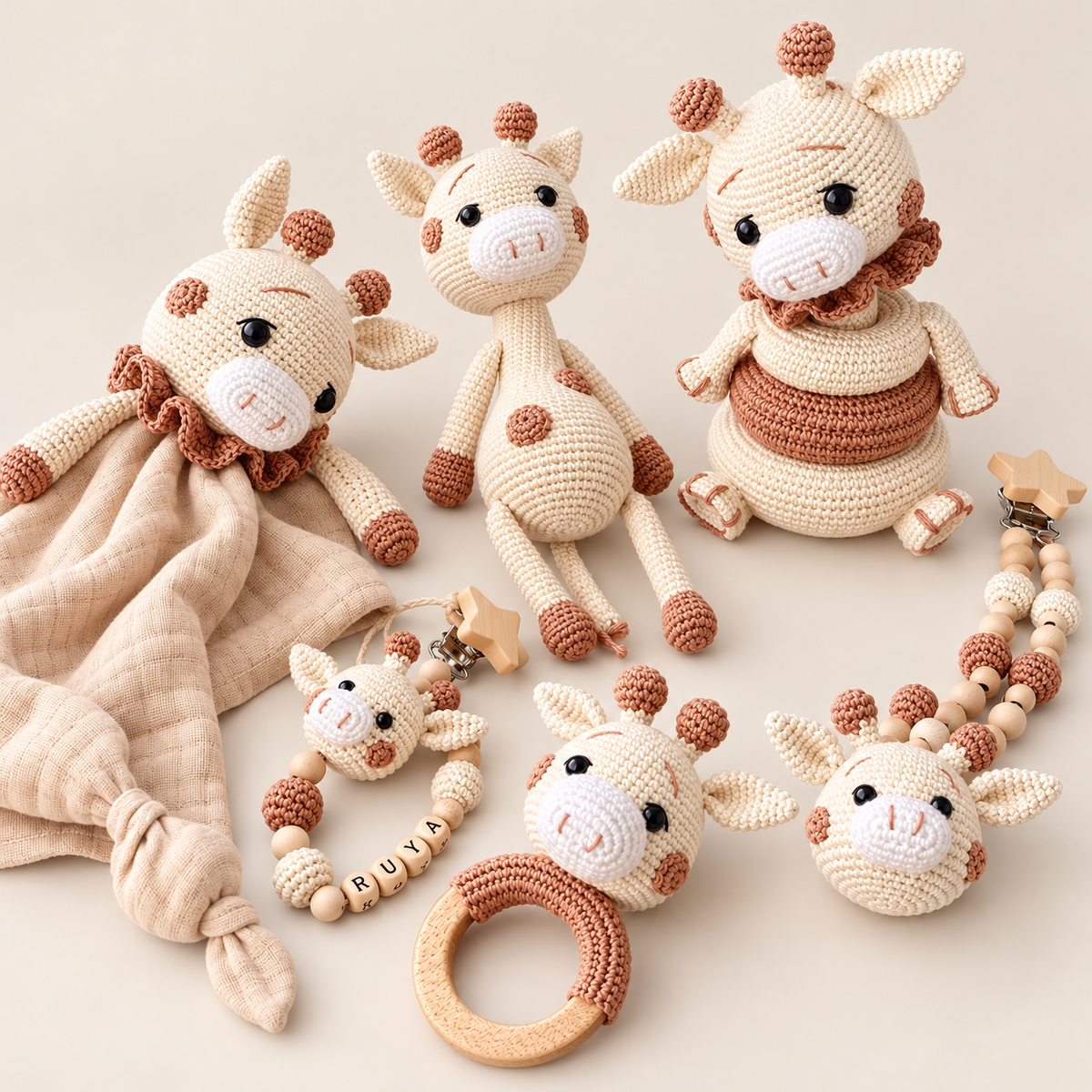 Crochet Newborn Sleeping Giraffe Gift Set (6pc) Baby Shower Gift by Joy Gift London