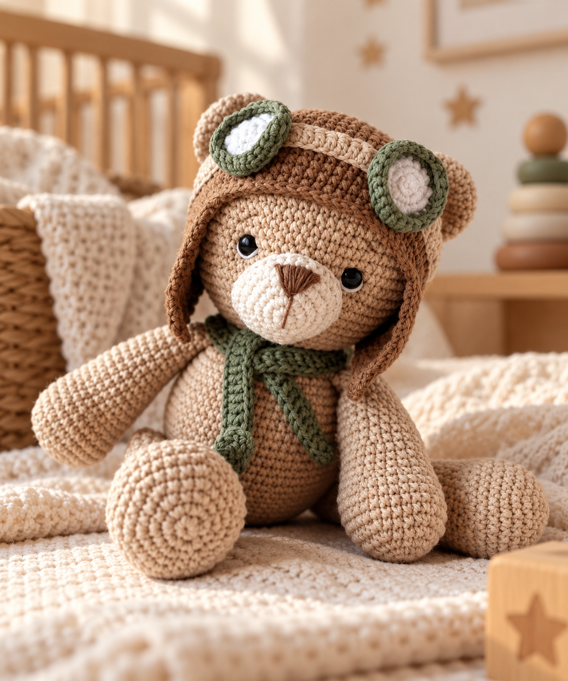 Handmade crochet pilot teddy bear toy