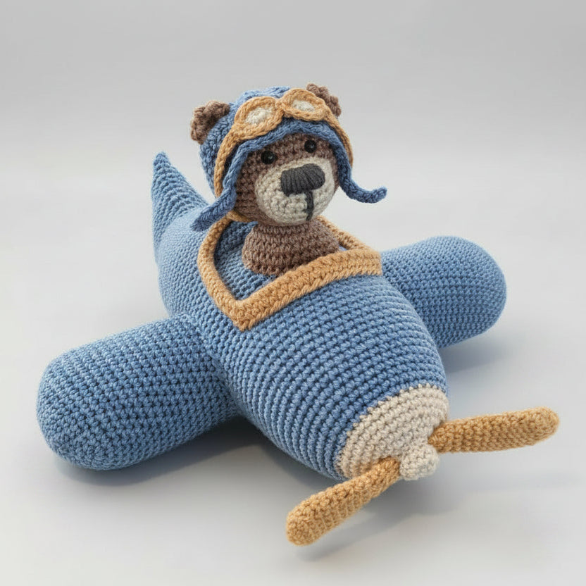 Handmade Crochet Pilot Teddy Bear with Blue Plane Toy Joy Gift London