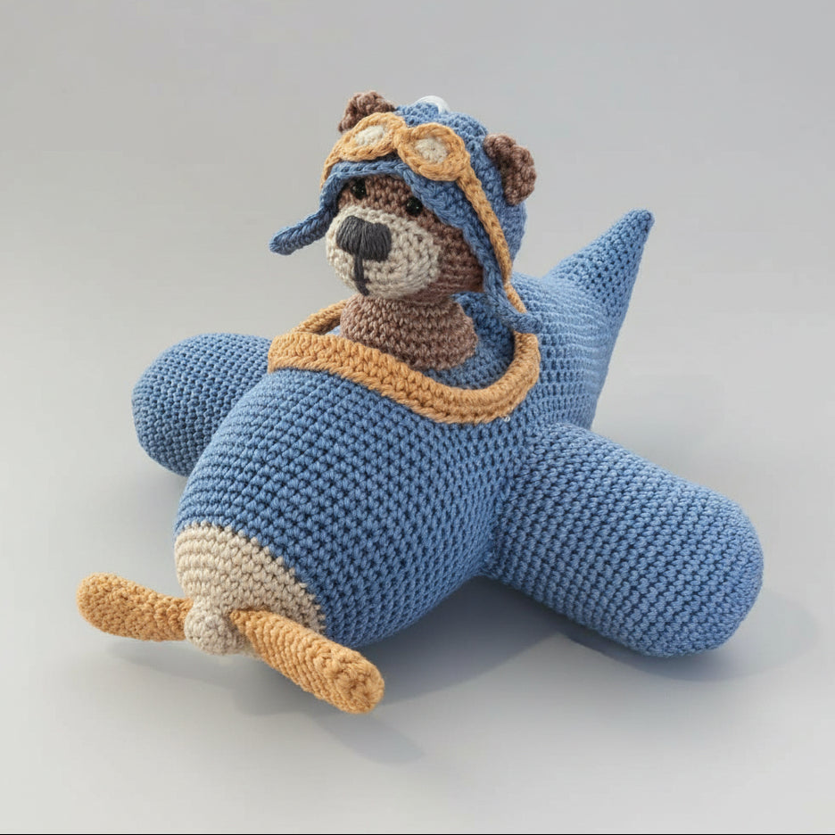 Handmade Crochet Pilot Teddy Bear with Blue Plane Toy Joy Gift London