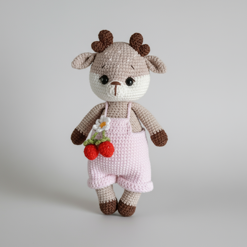 Crocheted goat doll in pink overalls, holding strawberries and a flower