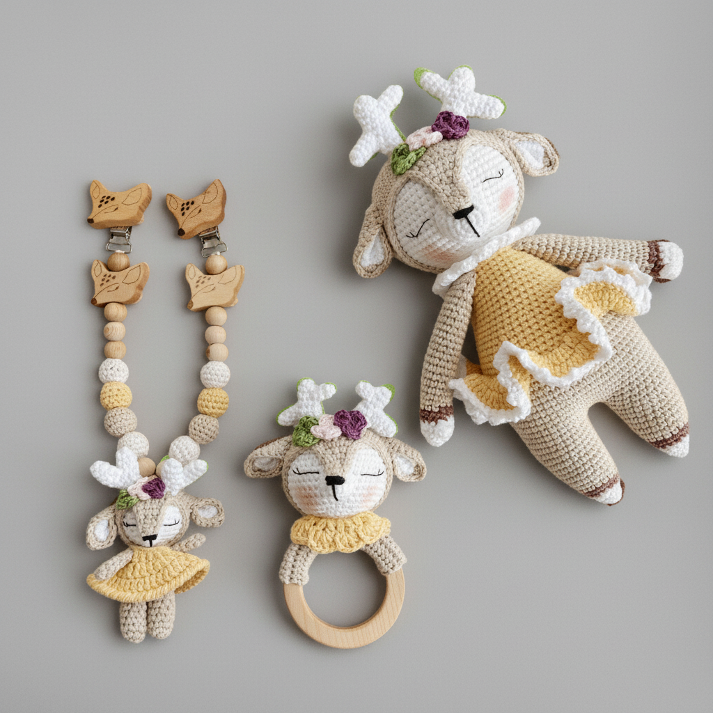 Crocheted deer toys: pacifier clip, teething ring, and stuffed animal in soft neutrals and yellow