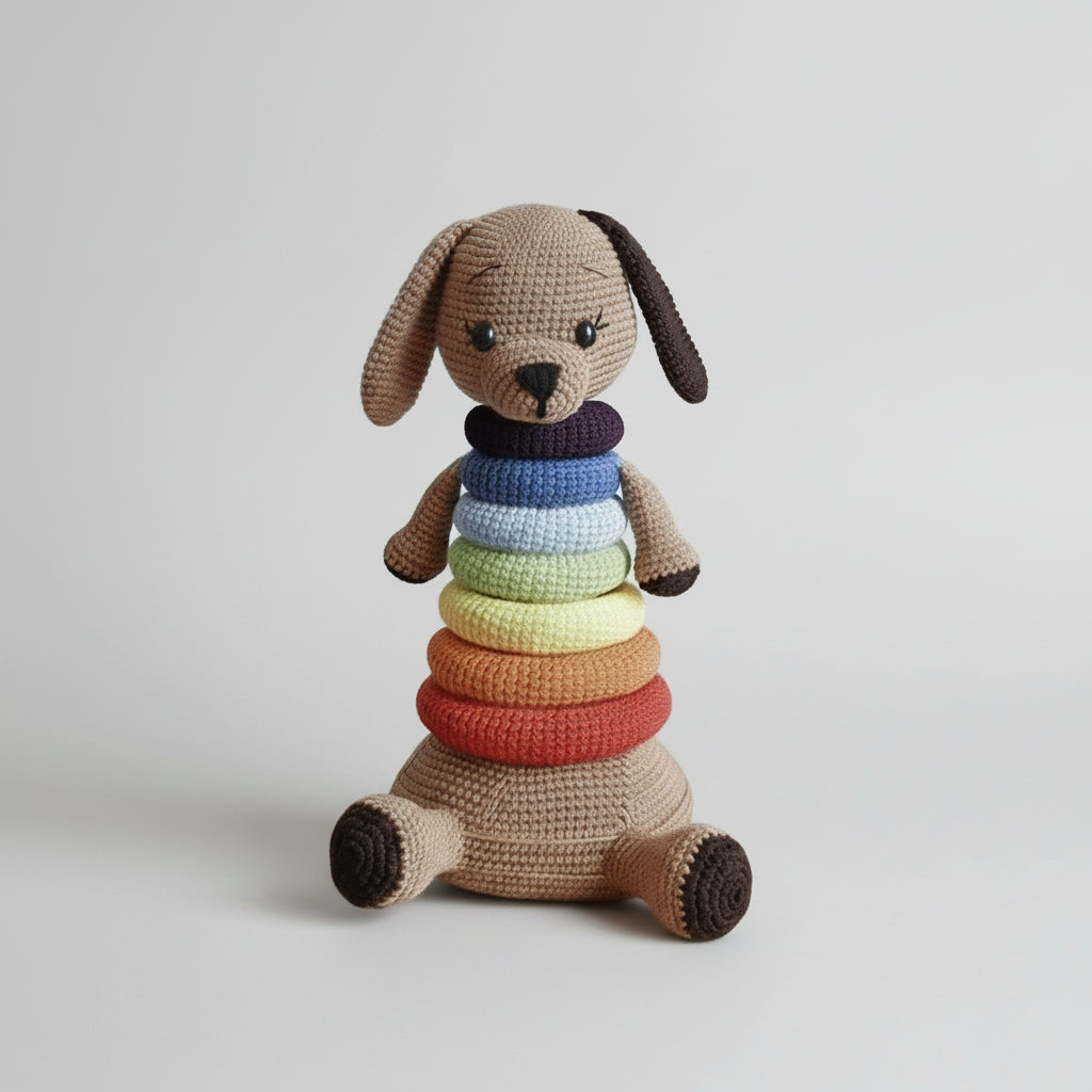 Crocheted dog-shaped stacking toy with colorful rings on a yellow fringed mat