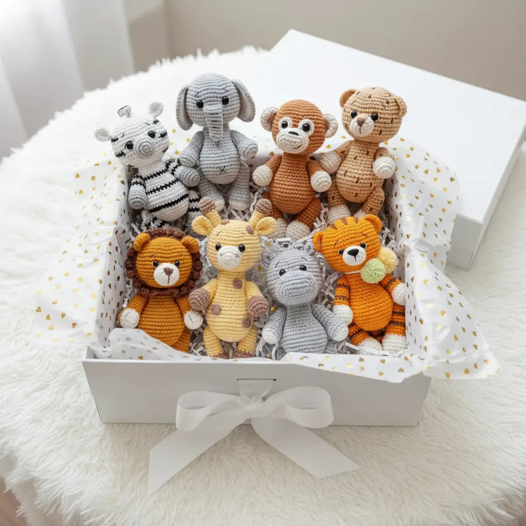 Handmade Crochet Safari Animals - Zebra, Elephant, Monkey, Tiger, Lion, Giraffe, Hippo, Leopar  Joy Gift London
