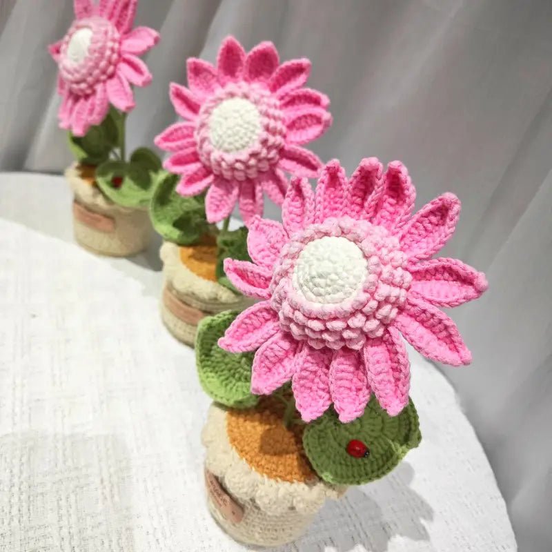 Crocheted pink gerbera daisies with green leaves in small decorative pots