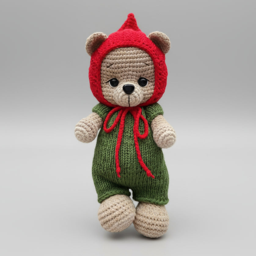 Crocheted teddy bear in red hood and green overalls with red bow tie