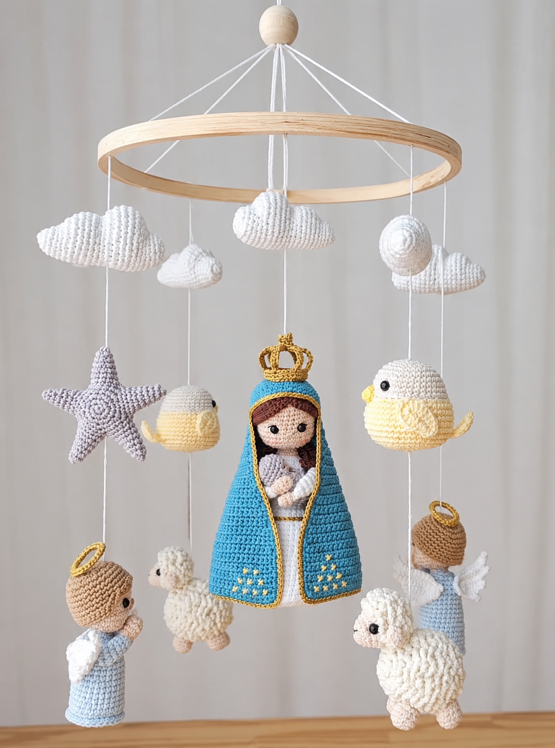 Handmade Crochet Virgin Mary Cot Mobile – Angels, Lambs & Birds Baby Nursery & Crib Mobile | Christening Gift Joy Gift London