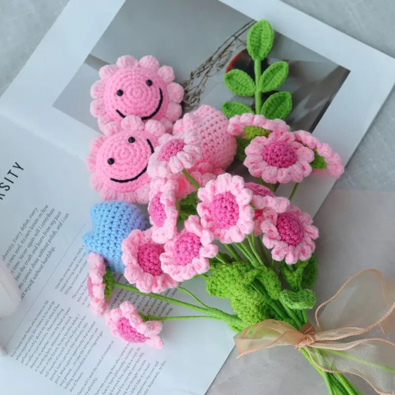 Handmade Crocheted Pink Smiling Sunflower - Joy Gift London